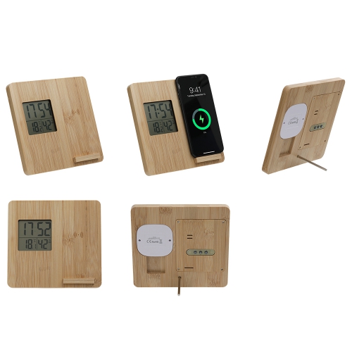 Desktop Bamboo Clock Wireless Mobile Incarcator